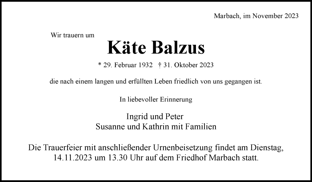  Traueranzeige für Käte Balzus vom 10.11.2023 aus Marbacher Zeitung