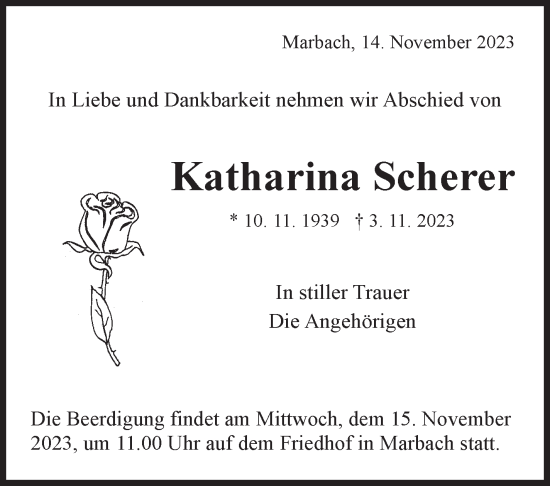 Traueranzeige von Katharina Scherer von Marbacher Zeitung