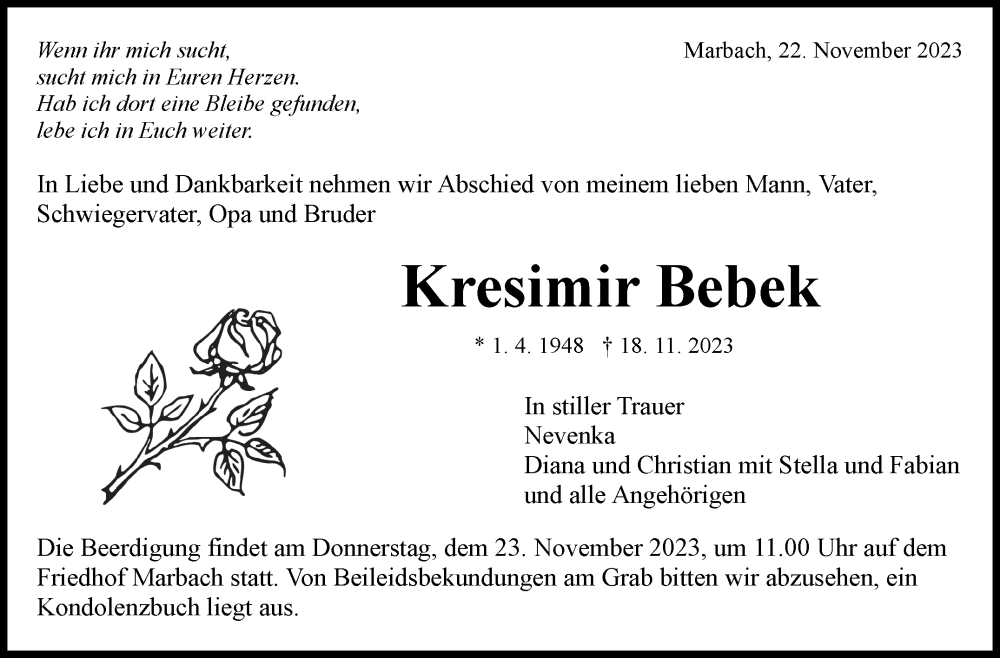  Traueranzeige für Kresimir Bebek vom 22.11.2023 aus Marbacher Zeitung