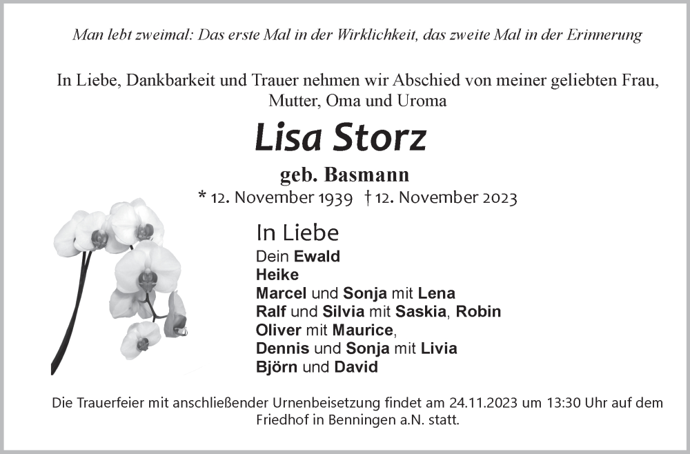  Traueranzeige für Lisa Storz vom 17.11.2023 aus Marbacher Zeitung