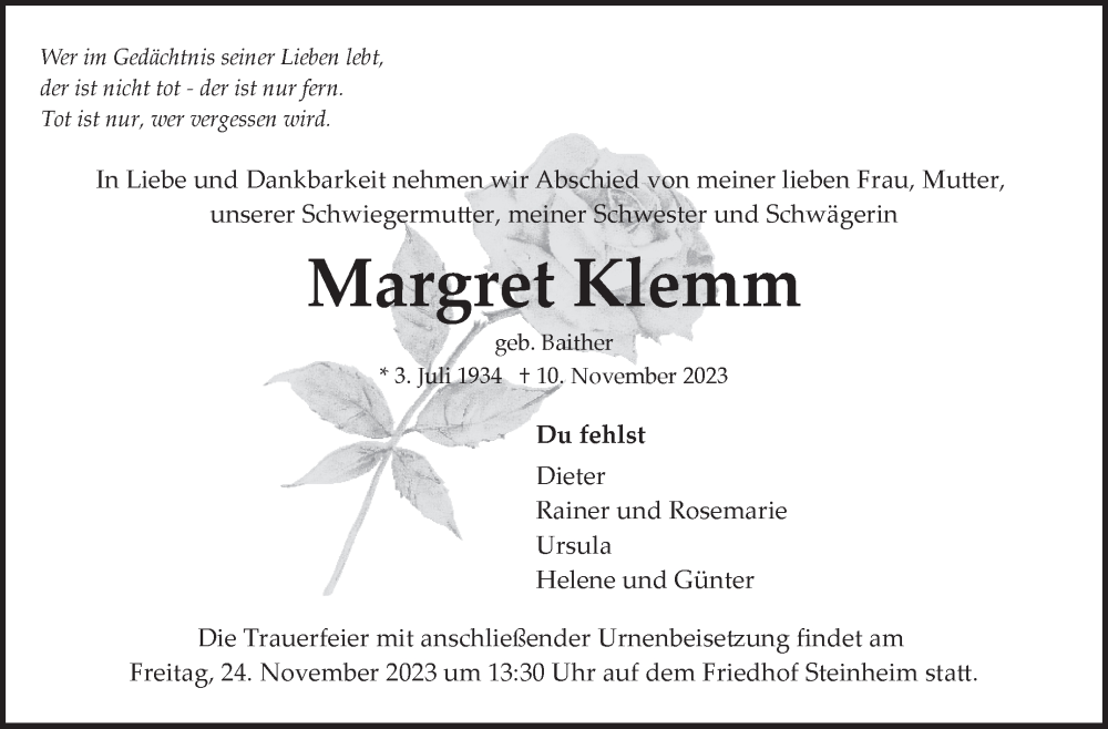  Traueranzeige für Margret Klemm vom 20.11.2023 aus Marbacher Zeitung