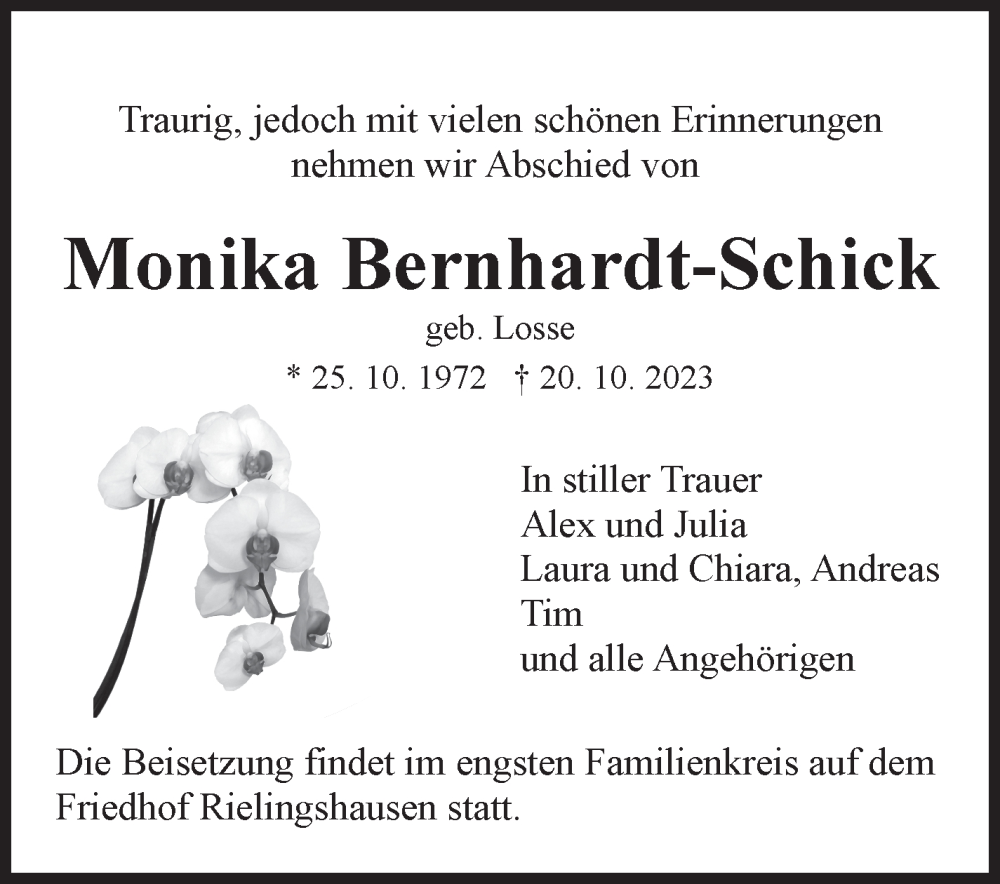  Traueranzeige für Monika Bernhardt-Schick vom 16.11.2023 aus Marbacher Zeitung