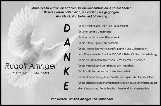 Traueranzeige von Rudolf Artinger von Marbacher Zeitung