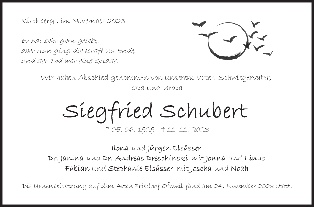  Traueranzeige für Siegfried Schubert vom 27.11.2023 aus Marbacher Zeitung