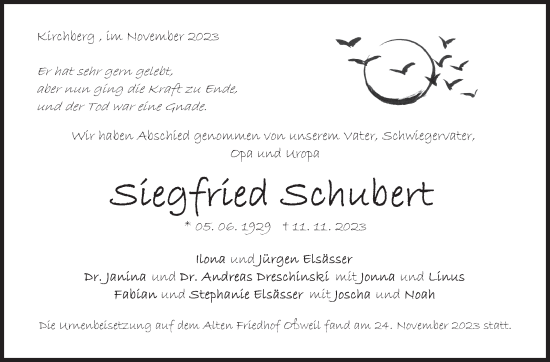 Traueranzeige von Siegfried Schubert von Marbacher Zeitung