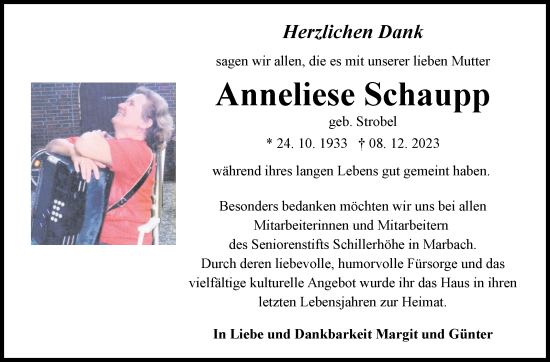 Traueranzeige von Anneliese Schaupp von Marbacher Zeitung