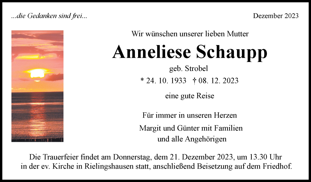  Traueranzeige für Anneliese Schaupp vom 15.12.2023 aus Marbacher Zeitung