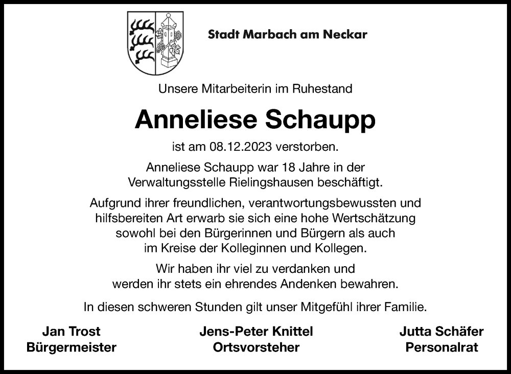  Traueranzeige für Anneliese Schaupp vom 21.12.2023 aus Marbacher Zeitung