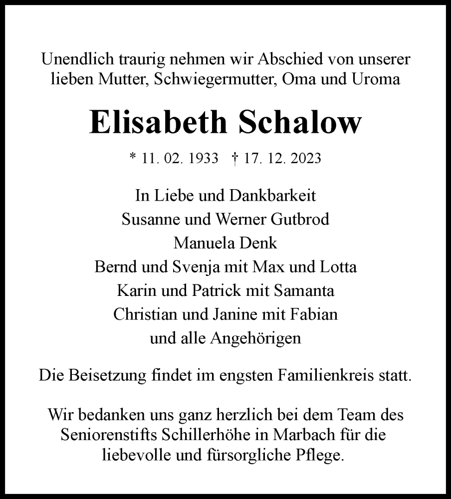  Traueranzeige für Elisabeth Schalow vom 28.12.2023 aus Marbacher Zeitung