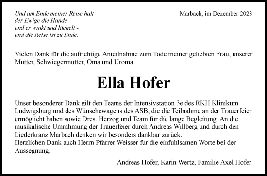 Traueranzeige von Ella Hofer von Marbacher Zeitung