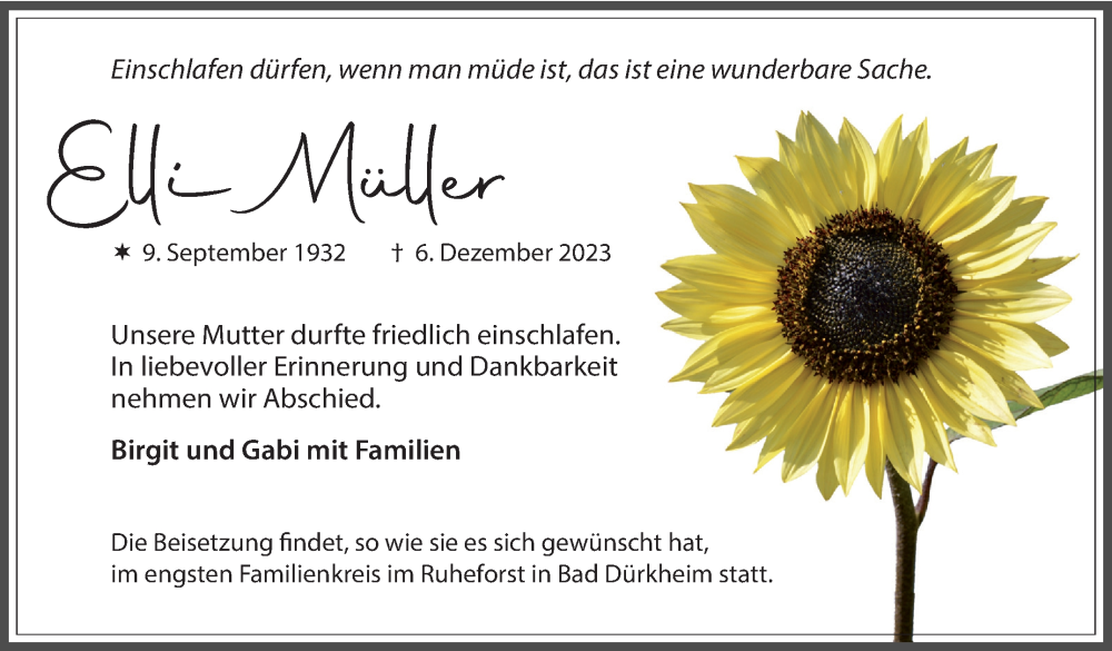  Traueranzeige für Elli Müller vom 14.12.2023 aus Marbacher Zeitung