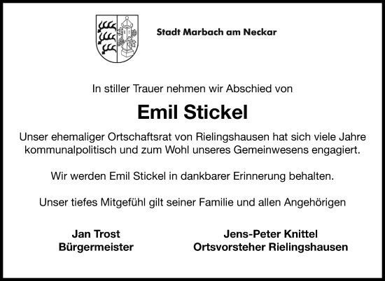 Traueranzeige von Emil Stickel von Marbacher Zeitung