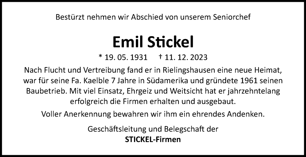  Traueranzeige für Emil Stickel vom 14.12.2023 aus Marbacher Zeitung