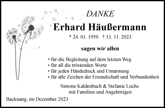 Traueranzeige von Erhard Häußermann von Marbacher Zeitung