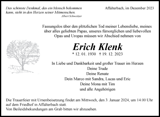 Traueranzeige von Erich Klenk von Marbacher Zeitung