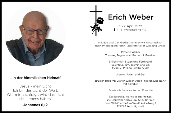 Traueranzeige von Erich Weber von Marbacher Zeitung