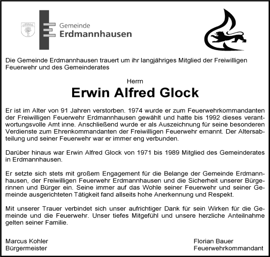 Traueranzeige von Erwin Alfred Glock von Marbacher Zeitung