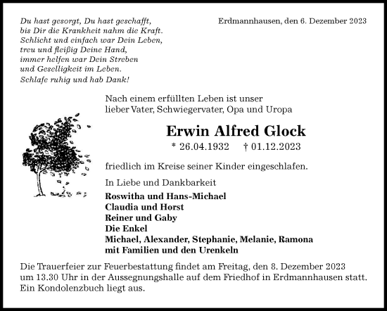 Traueranzeige von Erwin Alfred Glock von Marbacher Zeitung