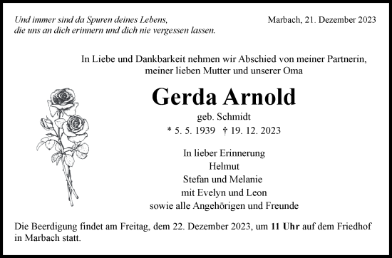 Traueranzeige von Gerda Arnold von Marbacher Zeitung