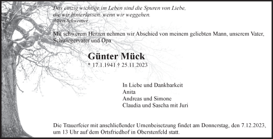 Traueranzeige von Günter Mück von Marbacher Zeitung