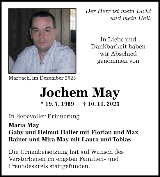 Traueranzeige von Jochem May von Marbacher Zeitung
