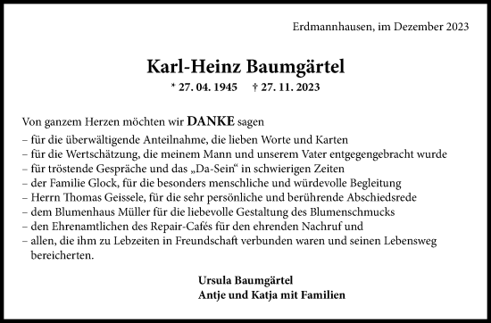 Traueranzeige von Karl-Heinz Baumgärtel von Marbacher Zeitung