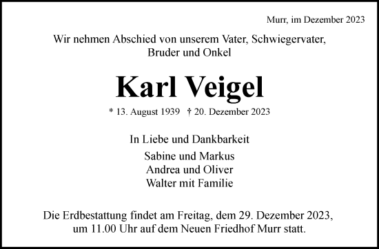 Traueranzeige von Karl Veigel von Marbacher Zeitung