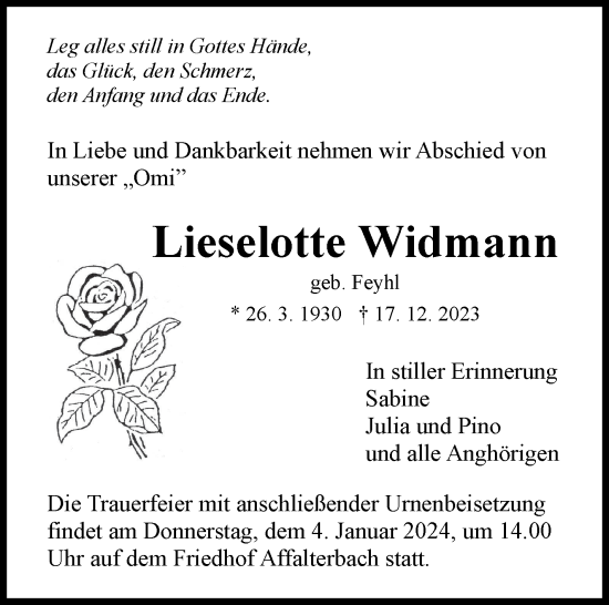 Traueranzeige von Lieselotte Widmann von Marbacher Zeitung