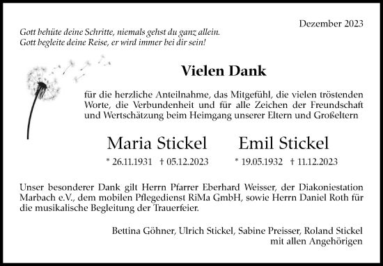 Traueranzeige von Maria und Emil Stickel von Marbacher Zeitung