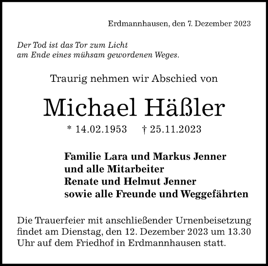 Traueranzeige von Michael Häßler von Marbacher Zeitung