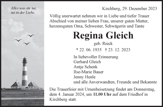 Traueranzeige von Regina Gleich von Marbacher Zeitung
