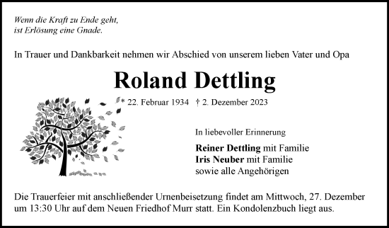 Traueranzeige von Roland Dettling von Marbacher Zeitung