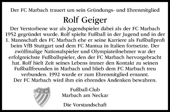 Traueranzeige von Rolf Geiger von Marbacher Zeitung
