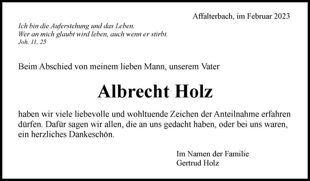 Traueranzeige für Albrecht Holz vom 09.02.2023 aus Marbacher Zeitung