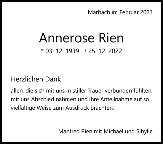 Traueranzeige von Annerose Rien von Marbacher Zeitung
