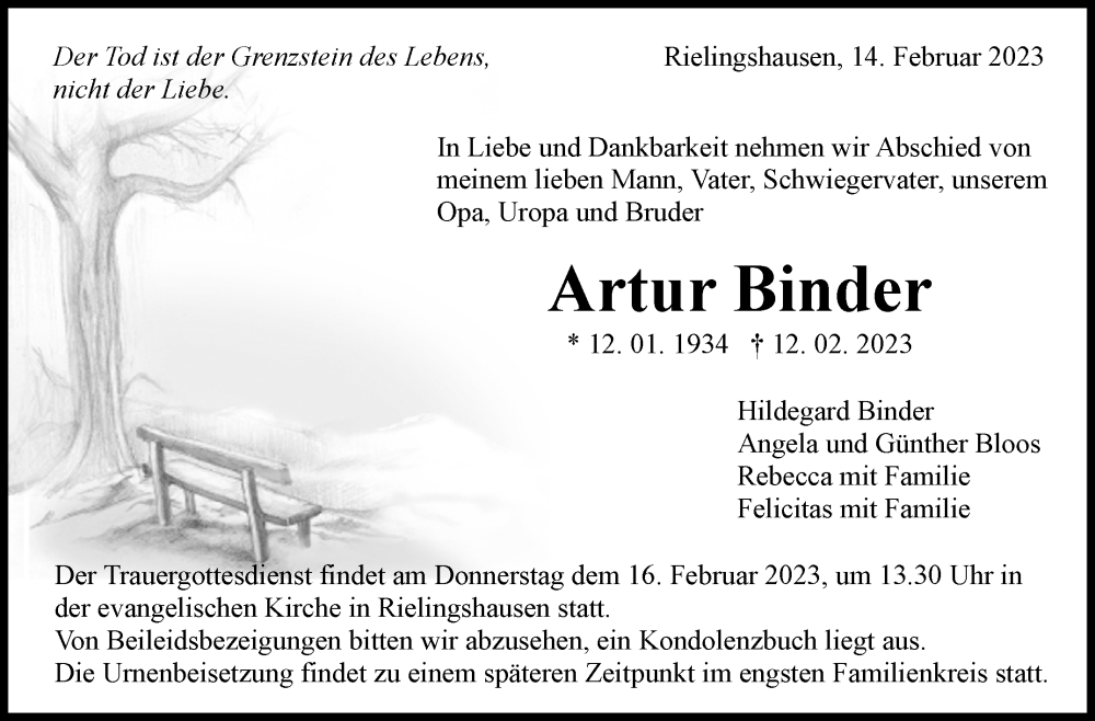  Traueranzeige für Artur Binder vom 14.02.2023 aus Marbacher Zeitung