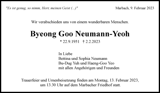 Traueranzeige von Byeong Goo Neumann-Yeoh von Marbacher Zeitung