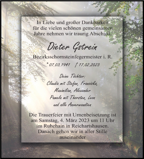 Traueranzeige von Dieter Gstrein von Marbacher Zeitung