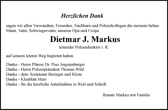 Traueranzeige von Dietmar J. Markus von Marbacher Zeitung