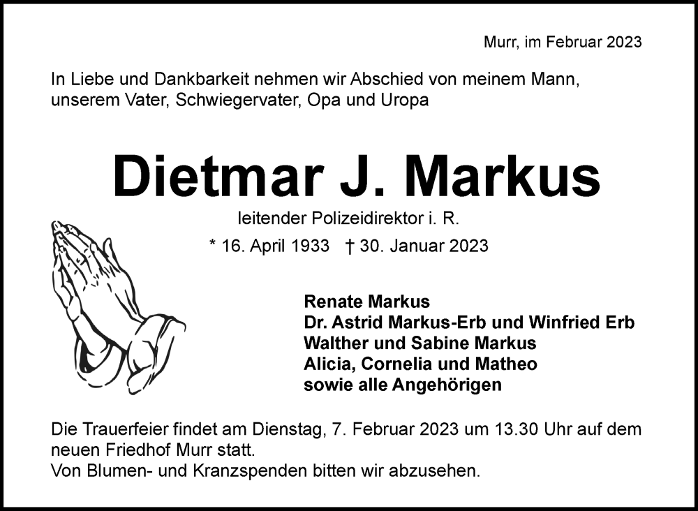  Traueranzeige für Dietmar J. Markus vom 03.02.2023 aus Marbacher Zeitung