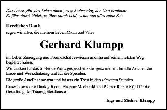 Traueranzeige von Gerhard Klumpp von Marbacher Zeitung
