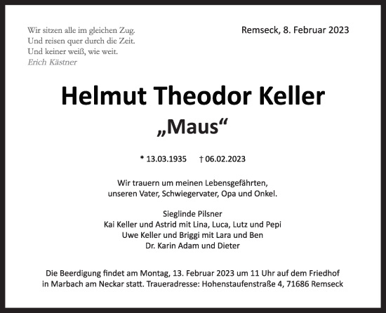 Traueranzeige von Helmut Theodor Keller von Marbacher Zeitung
