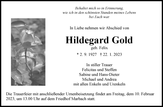 Traueranzeige von Hildegard Gold von Marbacher Zeitung