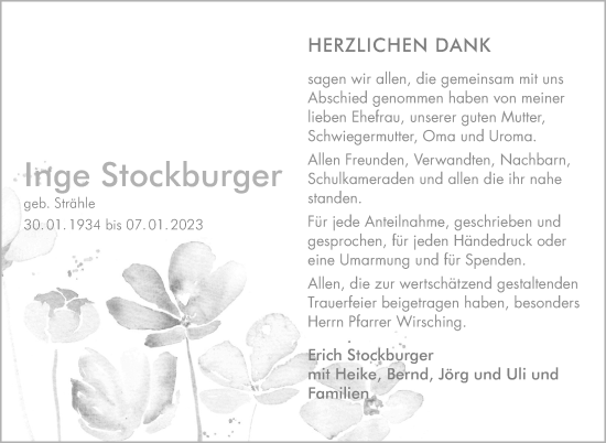 Traueranzeige von Inge Stockburger von Marbacher Zeitung