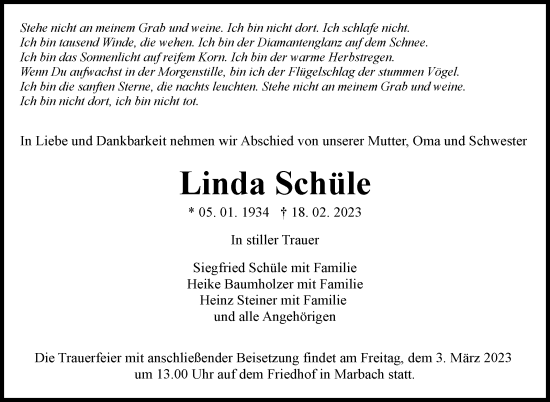 Traueranzeige von Linda Schüle von Marbacher Zeitung