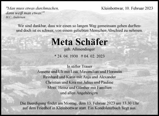 Traueranzeige von Meta Schäfer von Marbacher Zeitung