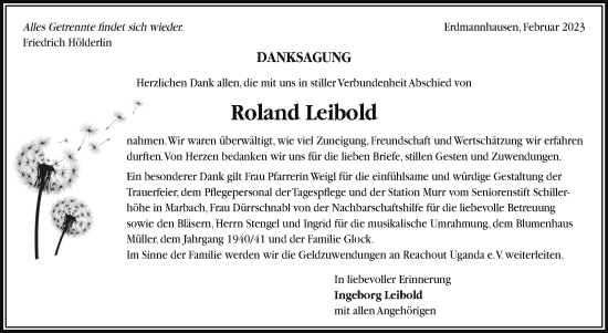 Traueranzeige von Roland Leibold von Marbacher Zeitung