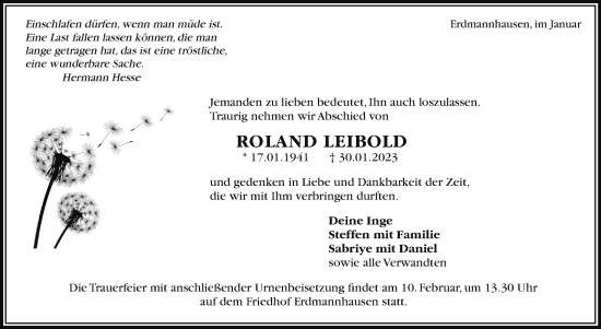 Traueranzeige von Roland Leibold von Marbacher Zeitung