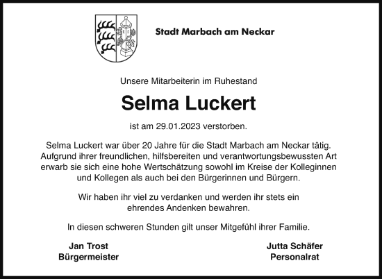 Traueranzeige von Selma Luckert von Marbacher Zeitung
