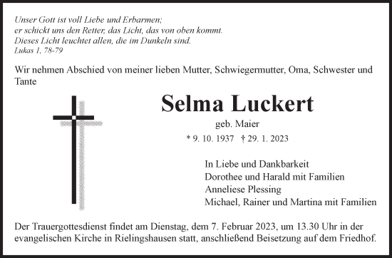 Traueranzeige von Selma Luckert von Marbacher Zeitung
